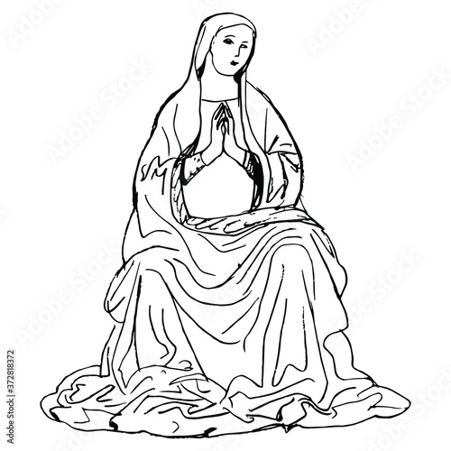 Praying Virgin Mary. Seated Catholic Madonna. Female Christian saint. Hand drawn linear sketch. Black silhouette on white background.