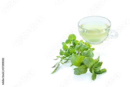 Mint tea with flower and leaves, isolated on white background