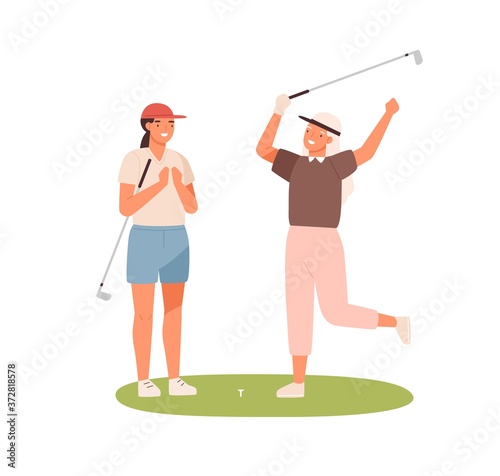 Happy female friends celebrating win hit at hole by ball vector flat illustration. Smiling elderly and young woman playing golf together isolated on white. Sportswoman taking part at competition