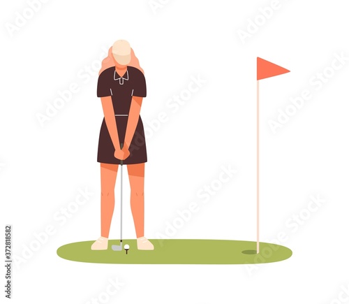 Professional female golf player aiming to hit on ball vector flat illustration. Sportswoman in cap holding niblick practicing outdoor activity isolated on white. Woman in sportswear enjoying sport