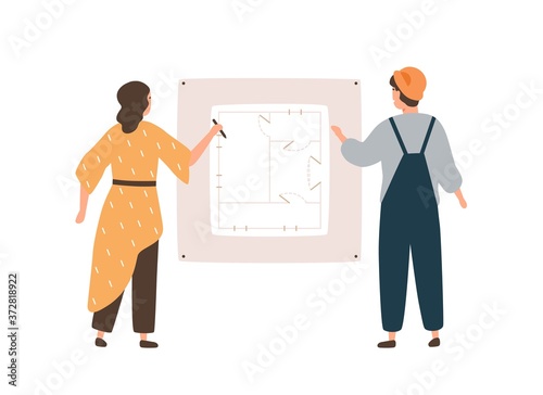 Female architect and male engineer worker drawing construction plan vector flat illustration. Architectural colleagues discussing building project looking at scheme isolated on white background