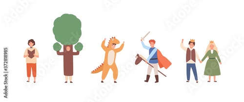 Different actors of children theater in costumes set vector flat illustration. Collection of various fairytale characters isolated on white. Funny people in colorful carnival apparel at theme party