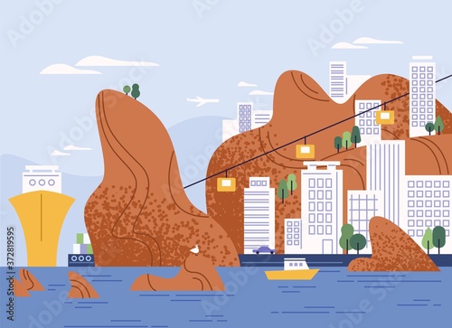 City on mountain with amazing seascape vector flat illustration. Ship, yacht or sea vessel at harbor of modern town. Touristic place with cableway on seaside. Urban landscape with water transport