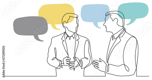 two standing businessmen talking discussing work problems with speech bubbles