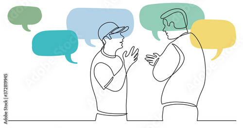 two standing men talking arguing with speech bubbles