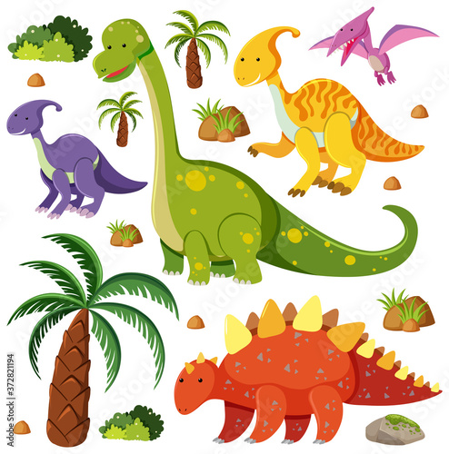 Set of cute dinosaurs isolated on white background