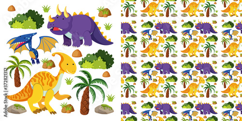 Seamless and group of cute dinosaurs isolated on white background photo