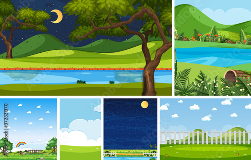 Set of different nature place scene in vertical and horizon scenes at daytime and night