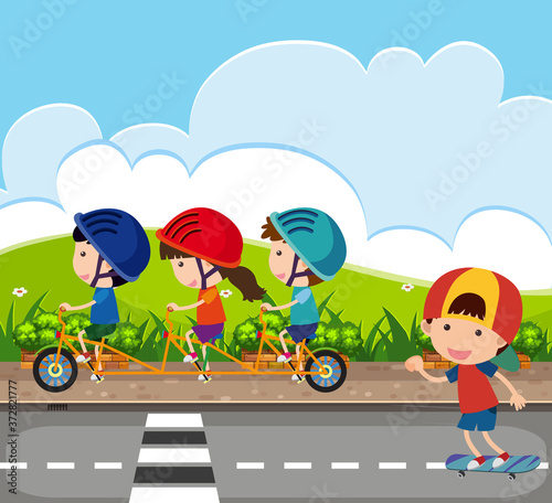 Background scene with kids riding bike on the road