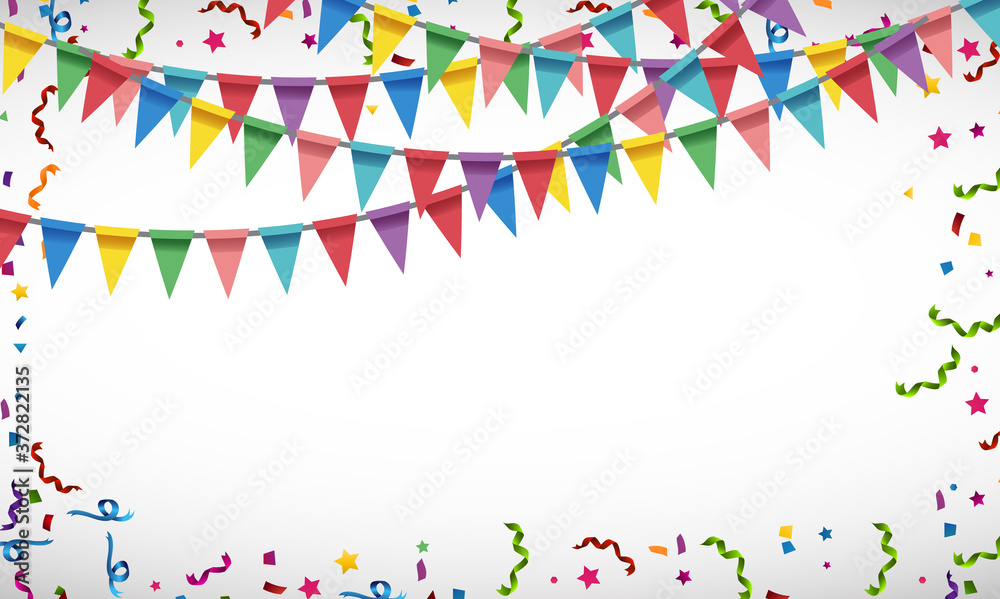 Blank background with colorful party flags and confetti Blank background with colorful party flags and confetti