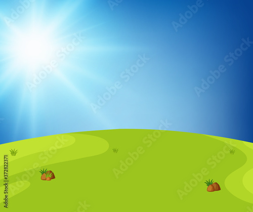 Empty nature scenes with green meadow and blank blue sky