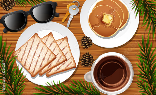 Desk close up with paper and coffee and pancake and glasses