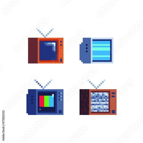 Retro TV pixel art icons set. 8-bit sprite. Game assets. Isolated abstract vector illustration.
