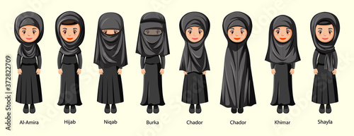 Types of Islamic traditional veils of female in cartoon character photo