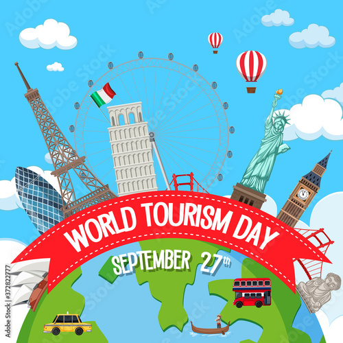 World tourism day logo with famous tourist landmarks elements