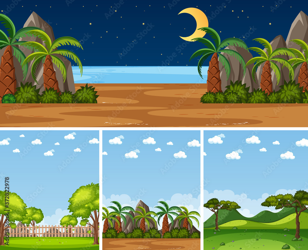 Four background different nature scenes with green trees in different times
