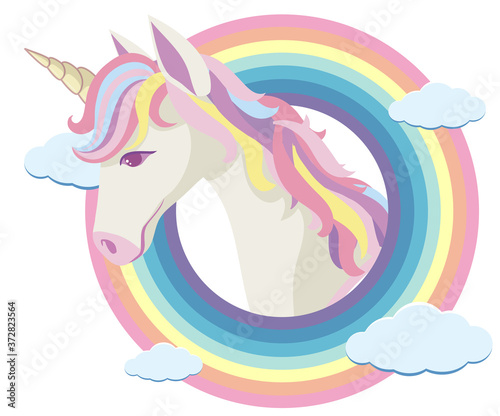 Unicorn rainbow round frame in pastel color with some cloud © brgfx