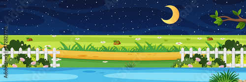 Horizon nature scene or landscape countryside with park riverside view and moon in the sky at night