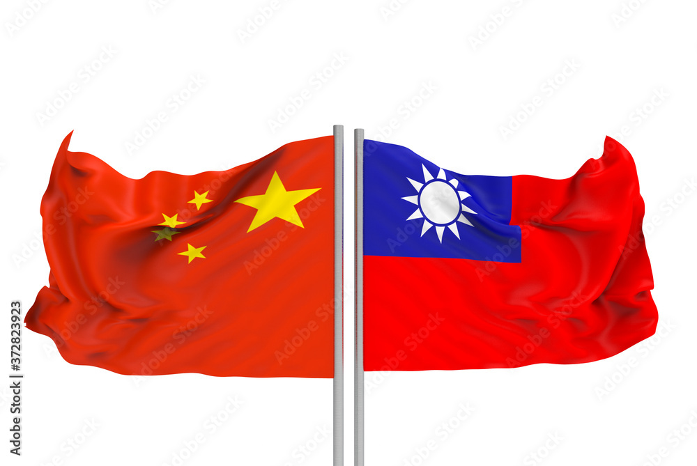 3d rendering. flowing China and Taiwan national flags with clipping path isolated on blue sky background. 3d rendering. flowing China and Taiwan national flags with clipping path isolated on blue sky background.