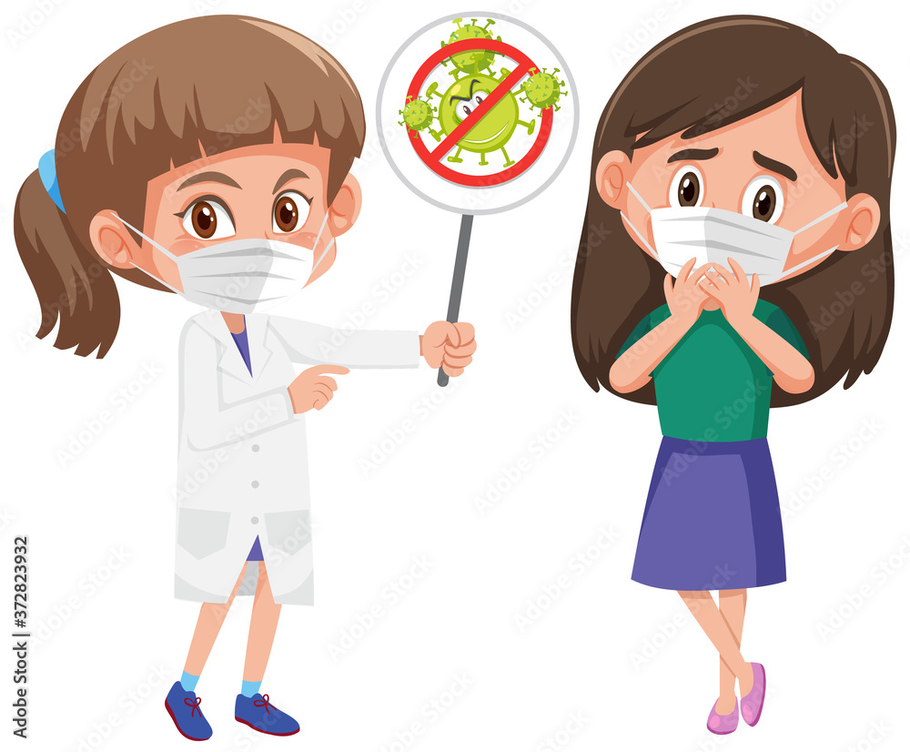 Girl wearing mask with doctor holding stop coronavirus sign Girl wearing mask with doctor holding stop coronavirus sign