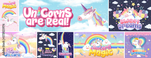 Cute unicorn banner on pastel background color