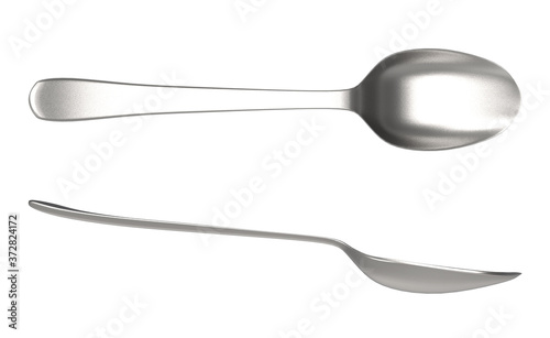 3d rendering. top and side view set of metal spoon with clipping path isolated on white background.