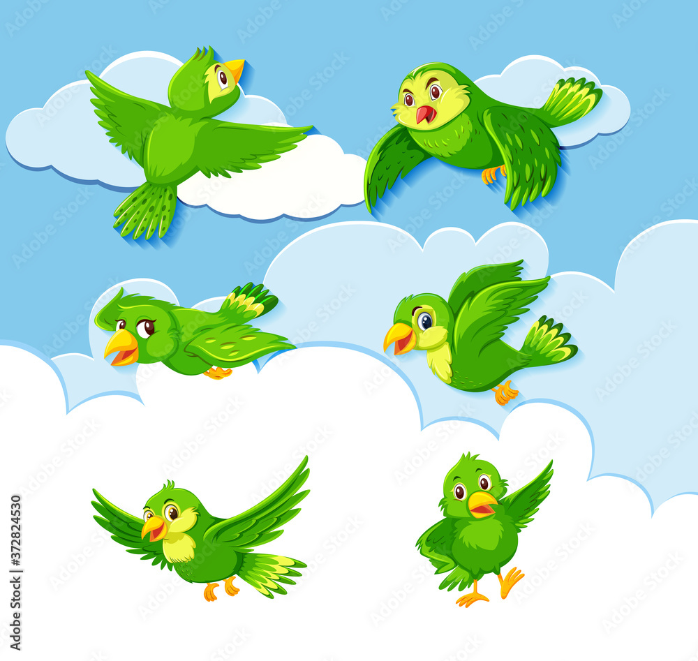 Obraz premium Set of bird character on sky background