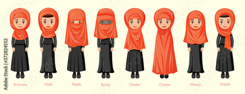Types of Islamic traditional veils of female in cartoon character
