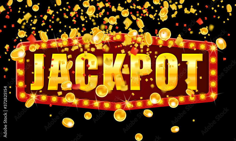 Jackpot Winner banner shining retro sign illuminated by spotlights falling coins and confetti