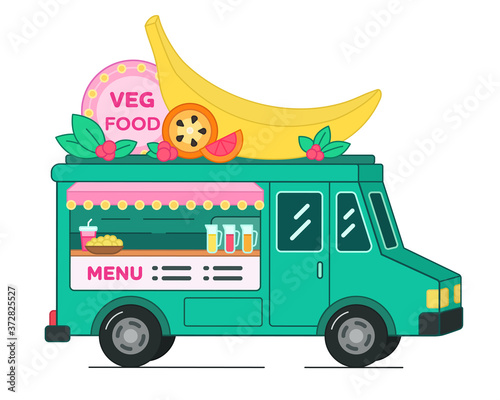 Vegan food van with giant banana on roof - isolated illustration. Street food truck with vegetarian snacks. Mobile Fruit bar in car