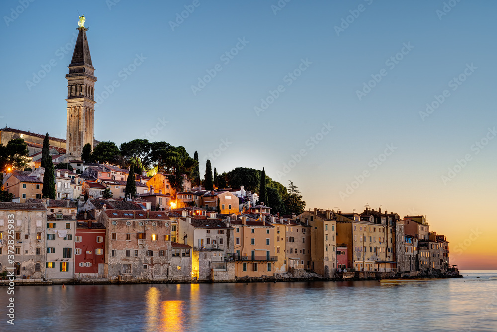 The beautiful old town of Rovinj in Croatia after sunset
