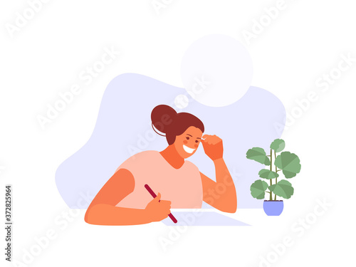 Young writing girl. Journalist or student, personal diary vector illustration