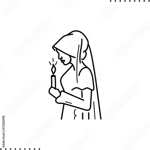 Muslim bride, prayer, wedding vector icon in outlines