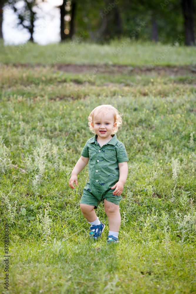 A little boy runs through the grass. Walk in park. A little boy runs through the grass. Walk in park.