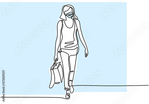 One line drawing a woman with shopping bag. Happy young girl wear a mask and go to shopping after self isolation in pandemic isolated object by hand on a white background. Vector illustration
