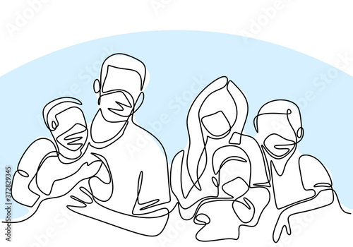 Continuous one line drawing of family wearing protective medical masks and staying at home during pandemic COVID-19. Father, mother and two children stay safe with a mask and ready to new normal