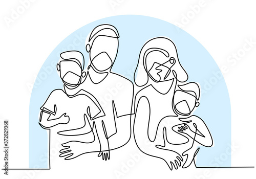 Continuous one line drawing of family wearing protective medical masks and staying at home during pandemic COVID-19. Father, mother and two children stay safe with a mask and ready to new normal