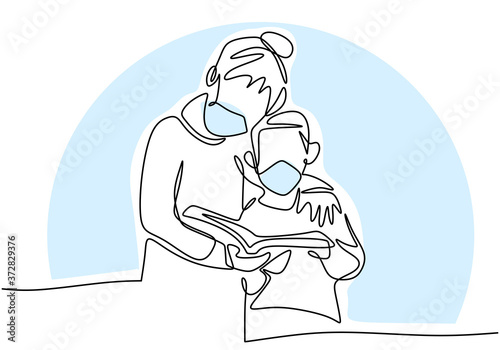 Continuous one line drawing a kid and mom holding the book. Young mother accompany her kid studying and reading a book. Study at home during pandemic COVID-19. Stay at home hand-drawn design theme
