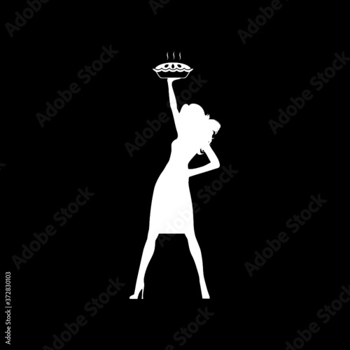 Housewife holding sweet baked pie icon isolated on dark background