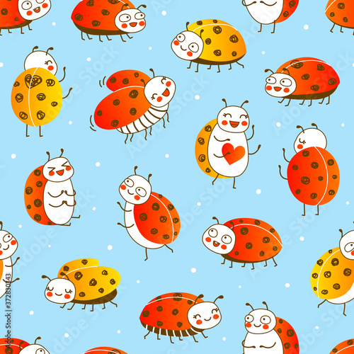Seamless pattern with cute little ladybugs on blue background - cartoon background for funny children design