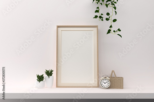 3D Render of Interior Poster Mockup with Blank Frame, Clock, Picnic Basket, and Succulent