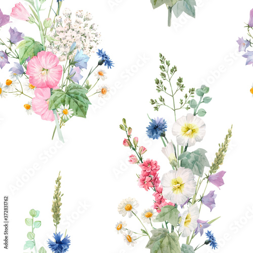 Fototapeta Naklejka Na Ścianę i Meble -  Beautiful vector seamless floral pattern with watercolor summer flowers. Stock illustration.