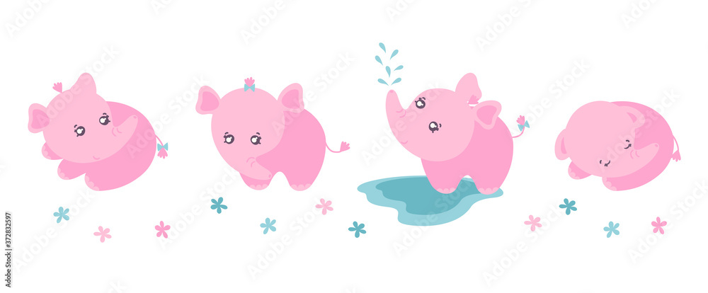 Set of four cute little elephants. Clipart with pink elephants for children products designs. Flat vector illustration. Set of four cute little elephants. Clipart with pink elephants for children products designs. Flat vector illustration.