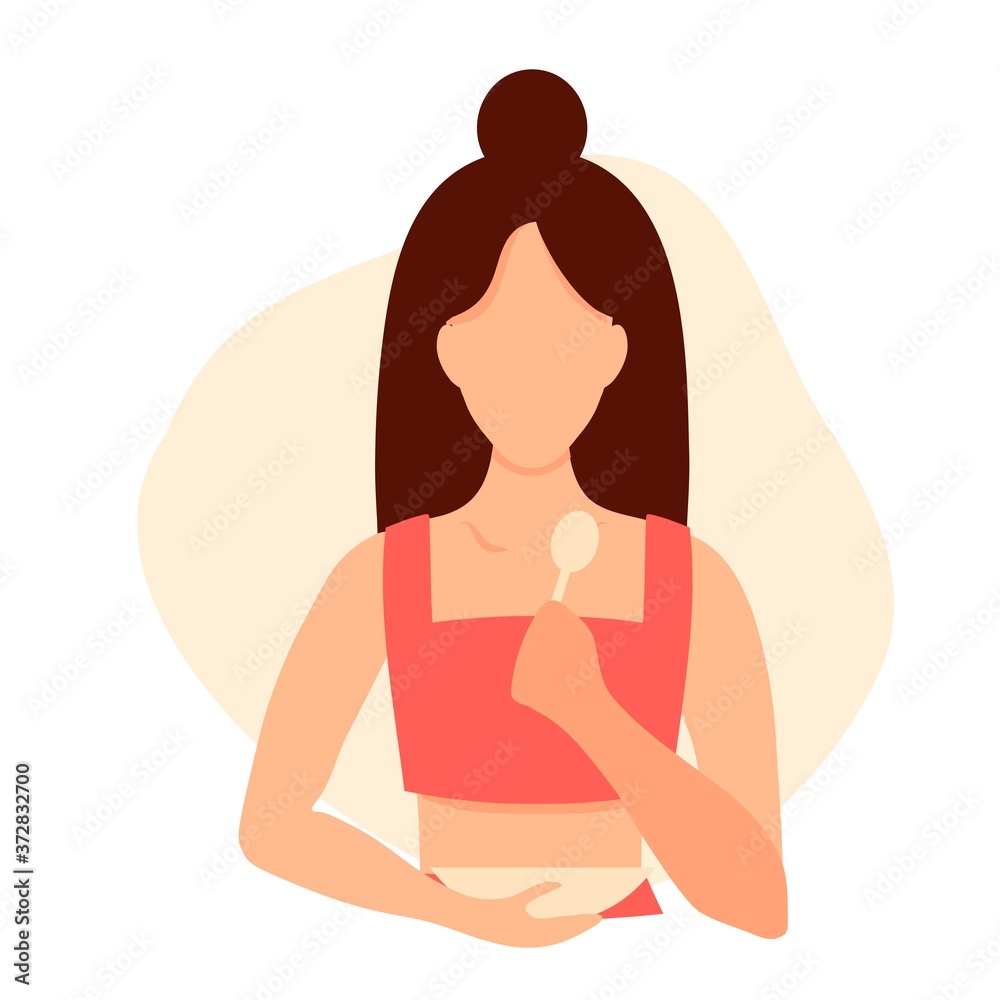 Vector illustration of a woman eating with a spoon and plate. Infographics illustration about proper nutrition and healthy lifestyle for a woman.Vegetarianism, breakfast and natural health food intake