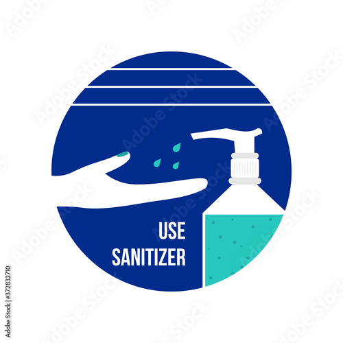 Vector round icon, illustration with person using liquid hand sanitizer gel. Use hand sanitizer concept.