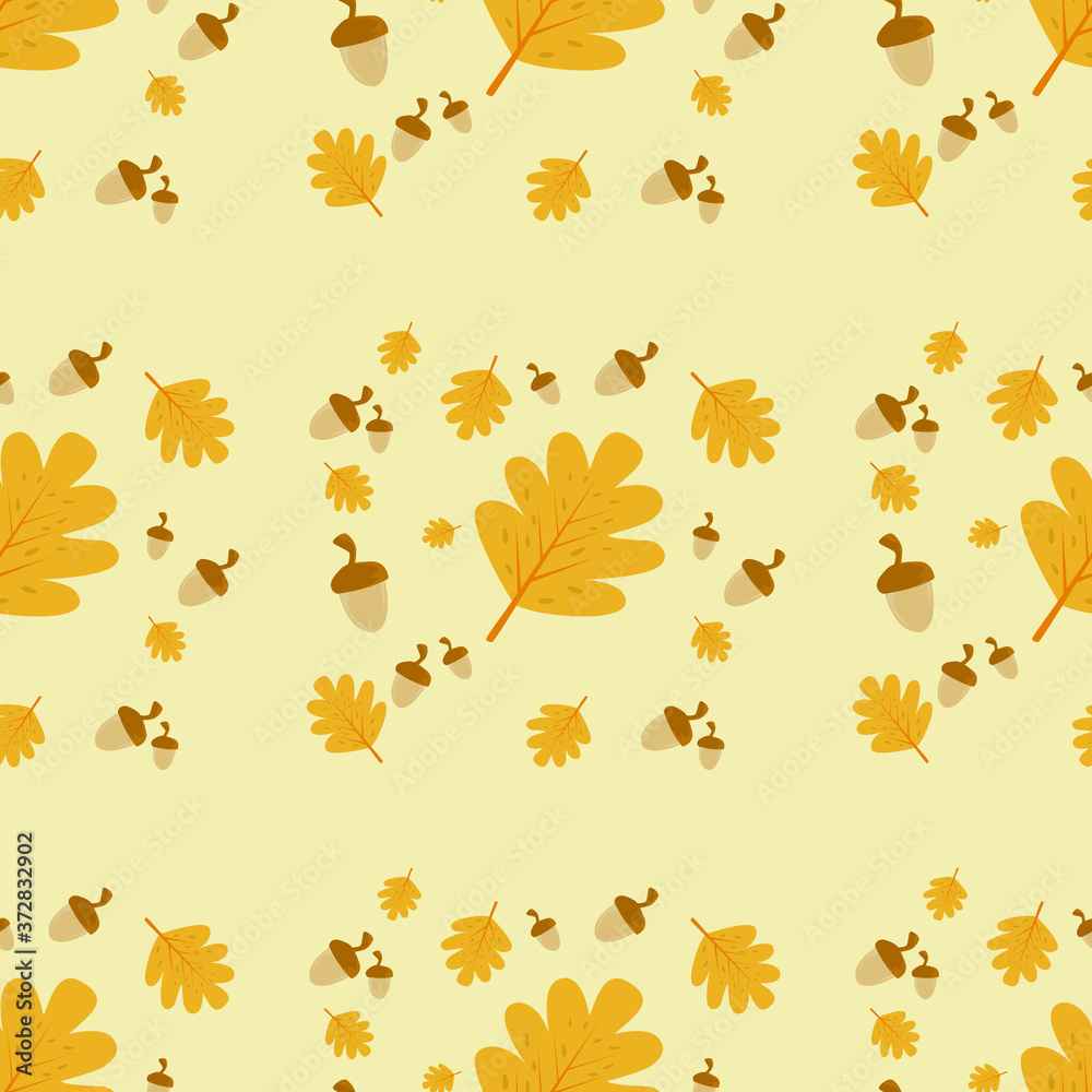 Fototapeta premium Seamless pattern background of falling brown leaves and Acorn on a yellow background. Concept of fallen leaves in autumn season