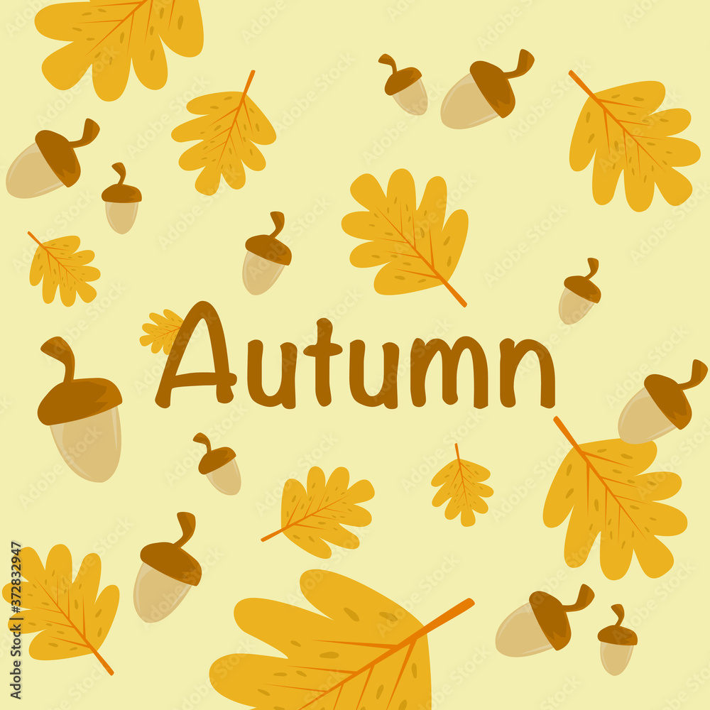 Seamless pattern background of falling brown leaves and Acorn on a yellow background.  Concept of fallen leaves in autumn season