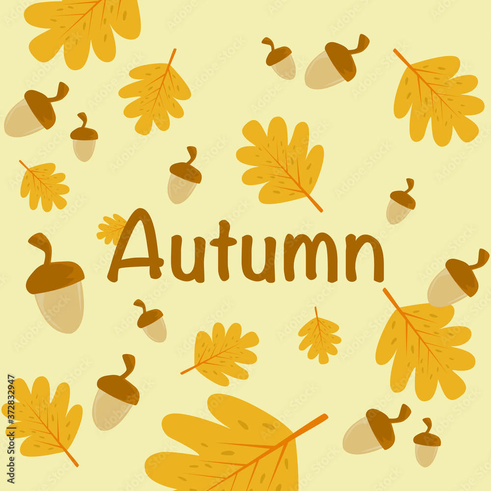 Fototapeta premium Seamless pattern background of falling brown leaves and Acorn on a yellow background. Concept of fallen leaves in autumn season