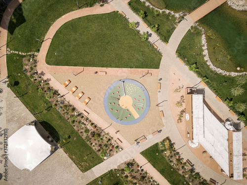 Drone aerial top view of playground in park. Top down view.
