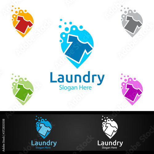 Pin Laundry Dry Cleaners Logo with Clothes, Water and Washing Concept